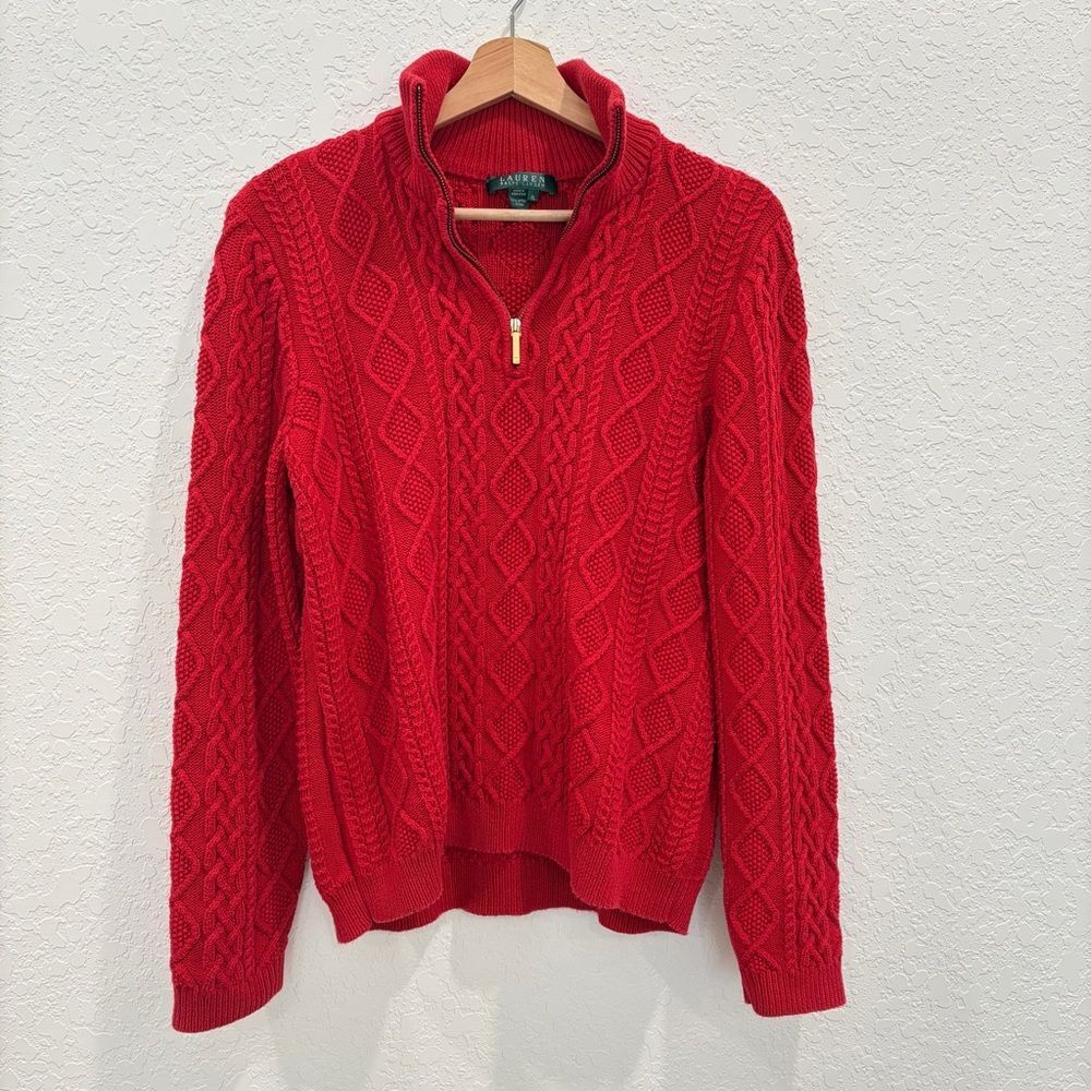 Lauren Ralph Lauren Cable Knit Red 1/4 Zip Sweater Size XL